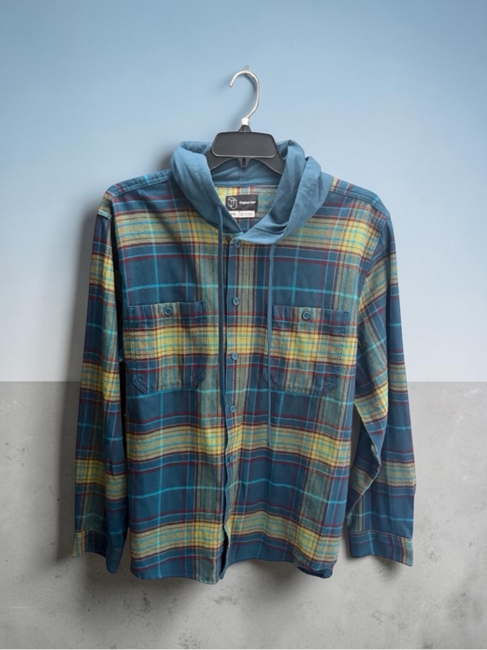 New Original Use Plaid Hooded Button-Down Flannel Shirt Mens XXL